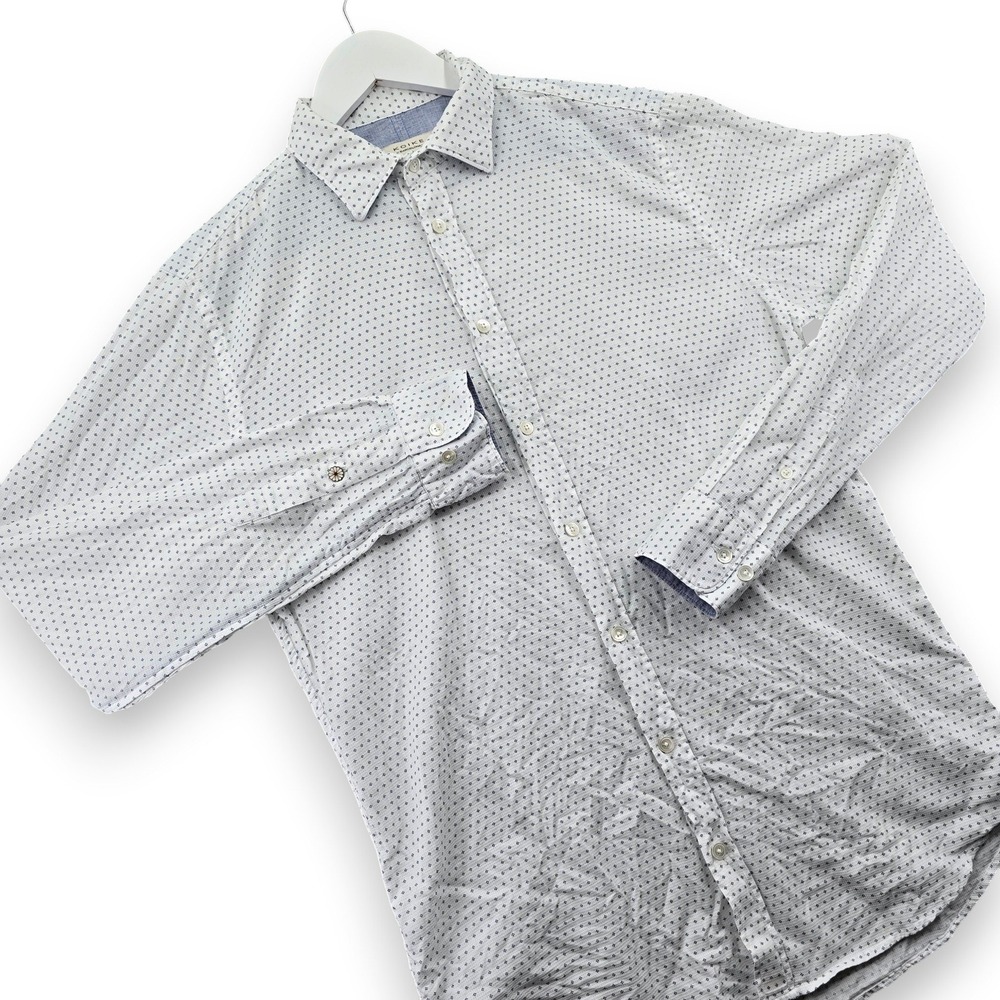 Koike Barcelona Mens Shirt Size 40 White Blue Geometric Print Cotton Long Sleeve